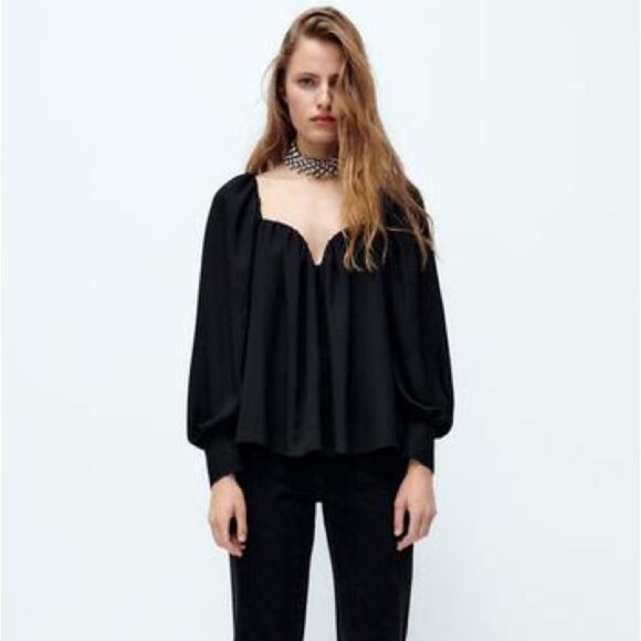 ZARA FLOWY SWEETHEART NECKLINE BLOUSE - Picture 1 of 6